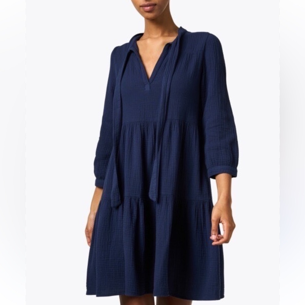 HONORINE Giselle Navy Tirered
Dress Tie Neck Gauze. $365